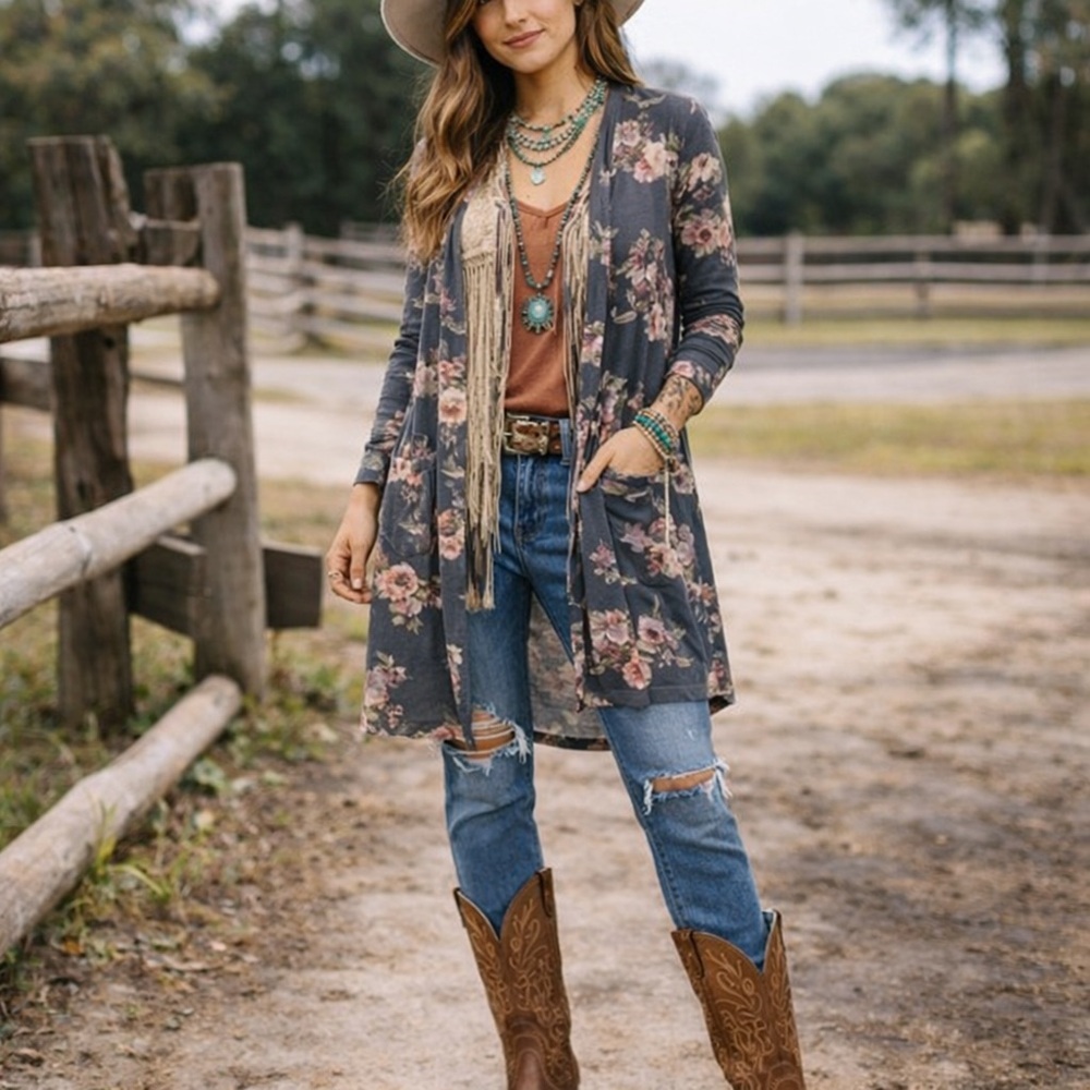 Agnes & Dora Essential Cardigan Floral Button Front Boho Soft Pockets NWT Small